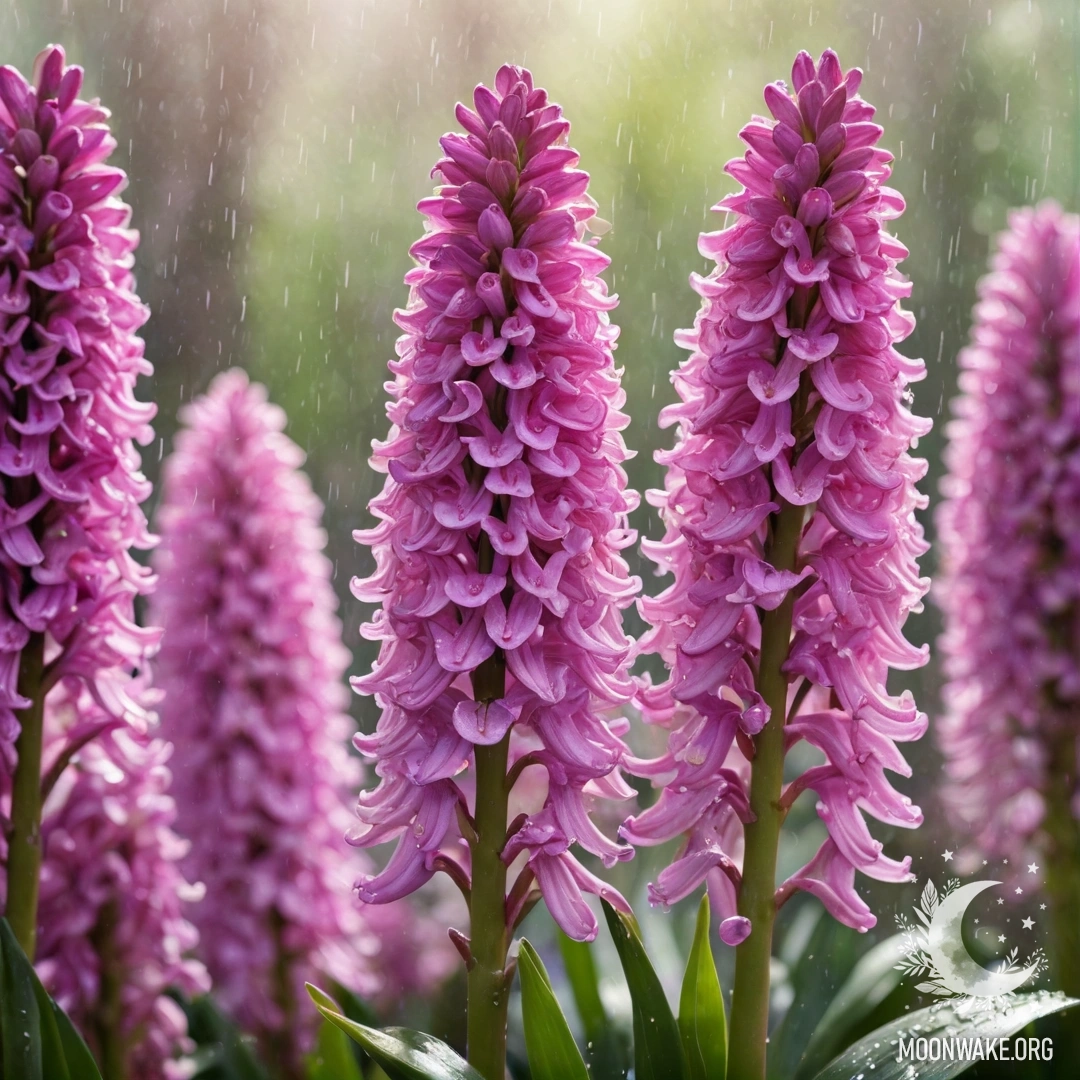 Гиацинт фуксиевого цвета под дождем с солнцем, пробивающимся сквозь облака.