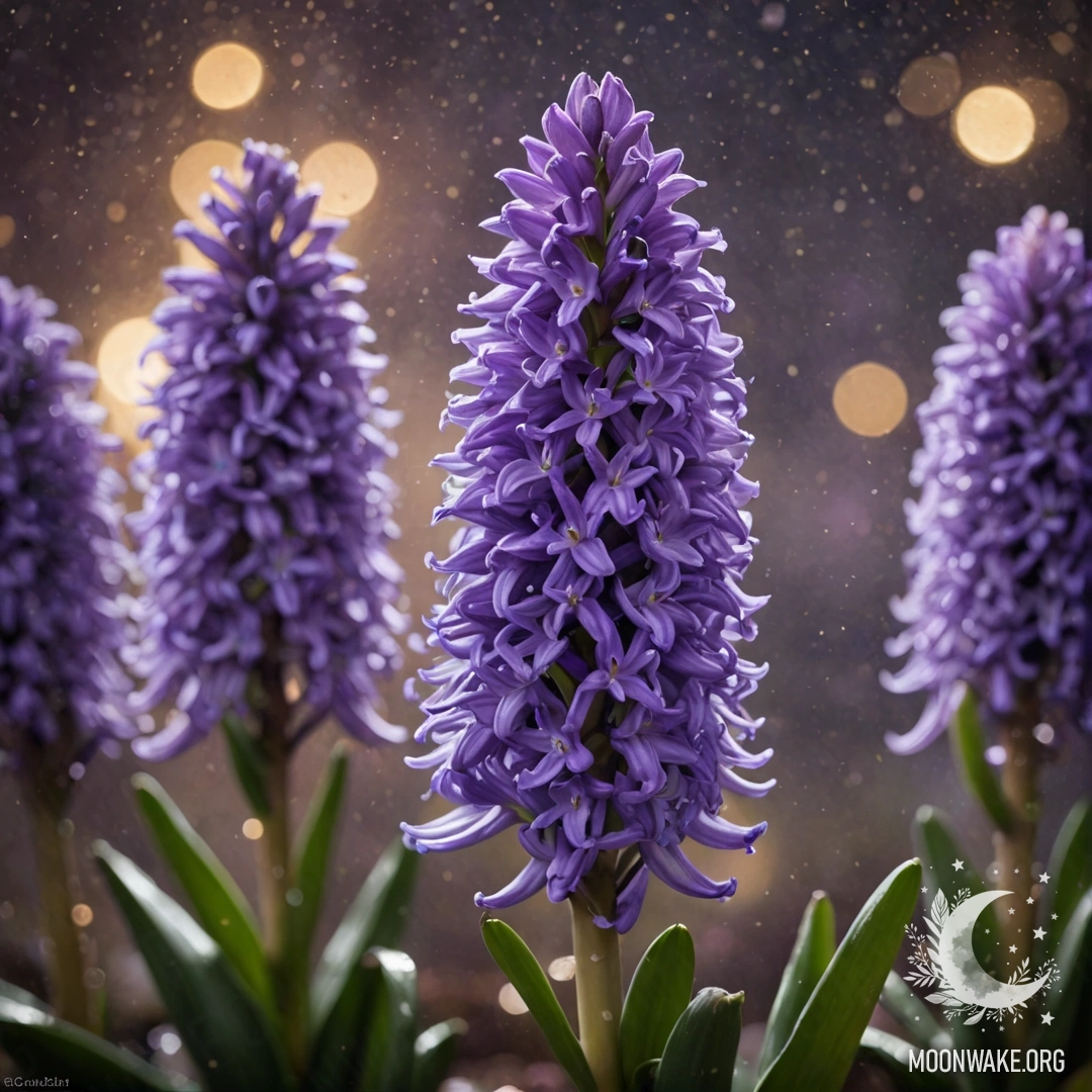Спокойный пурпурный гиацинт, окружённый туманом, мерцающий ночью.