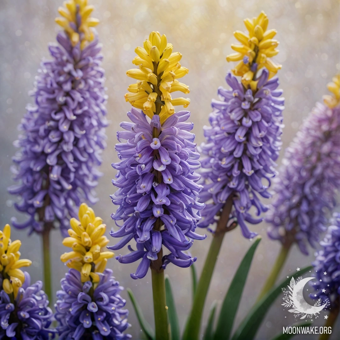 Нежный жёлтый гиацинт, окружённый плотным туманом и украшенный блестящими пайетками.