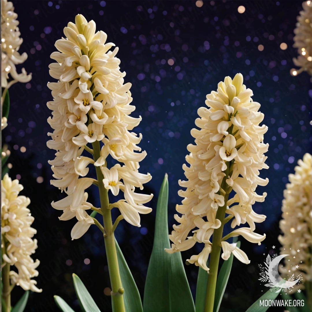 Спокойный гиацинт кремового желтого цвета, украшенный пайетками, ночью