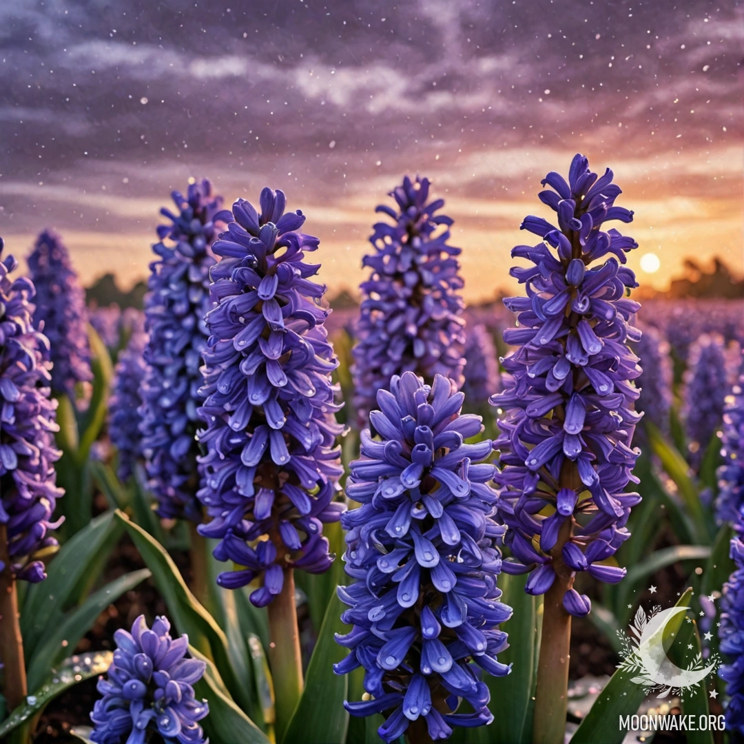 Спокойный фиолетовый гиацинт, окутанный дождем на фоне яркого заката.