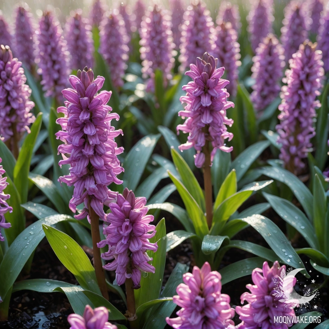 Спокойный цветок гиацинта под дождем, освещенный мягкими солнечными лучами.