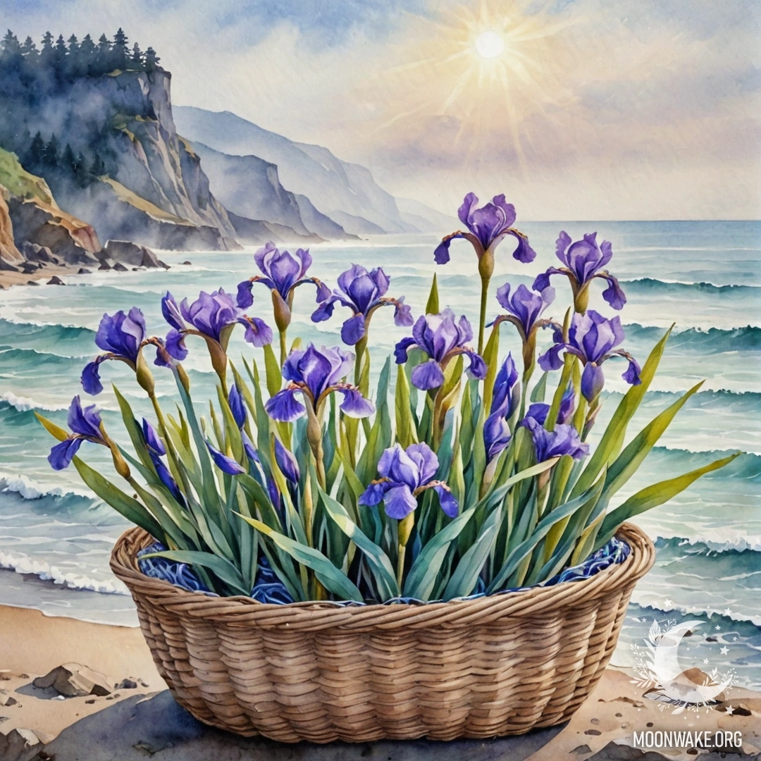 Спокойная ирис в туманном корзине, окрашенная оттенками морских волн.