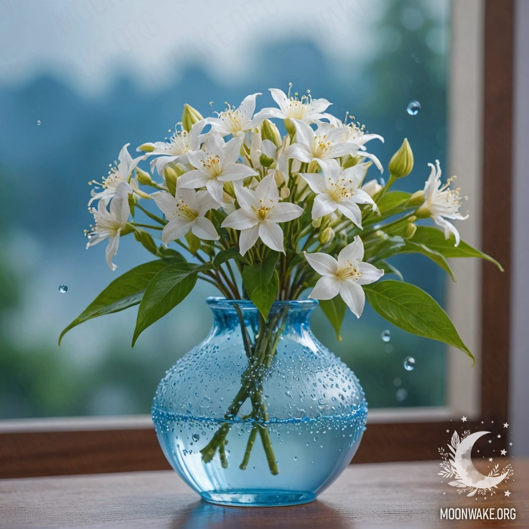 Тихий образ жасминовых цветов с каплями росы в голубой вазе.