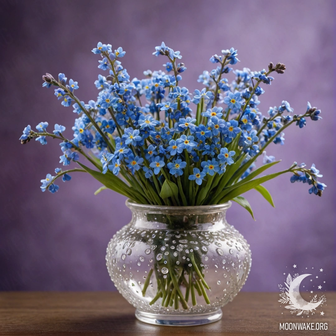 Ваза с васильками лавандового цвета, украшенная каплями росы.