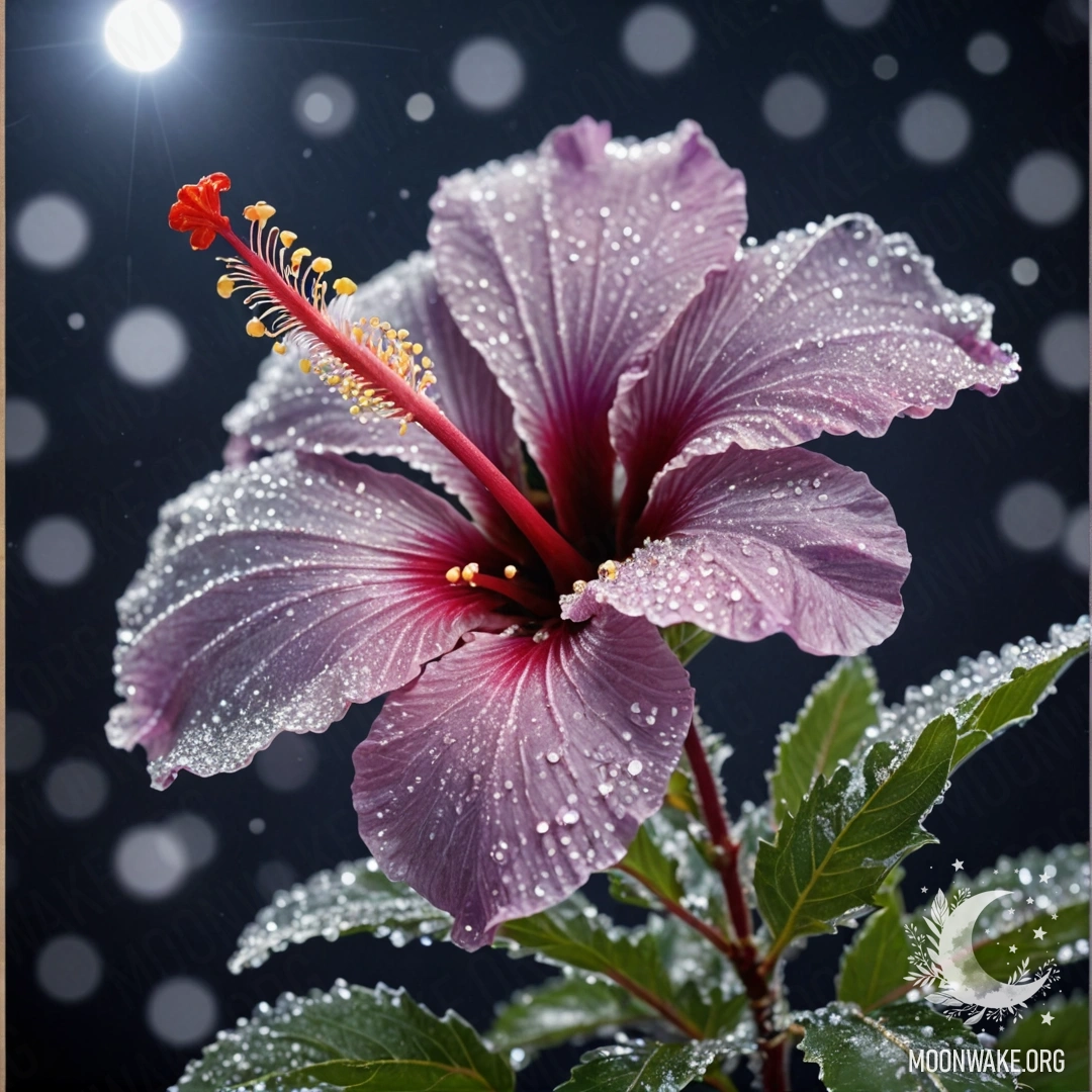 Спокойная сцена с лавандовым гибискусом, покрытым морозом под лунным светом.