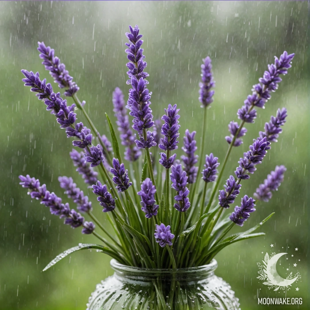 Зеленая ваза с цветами лаванды под мягким дождем.