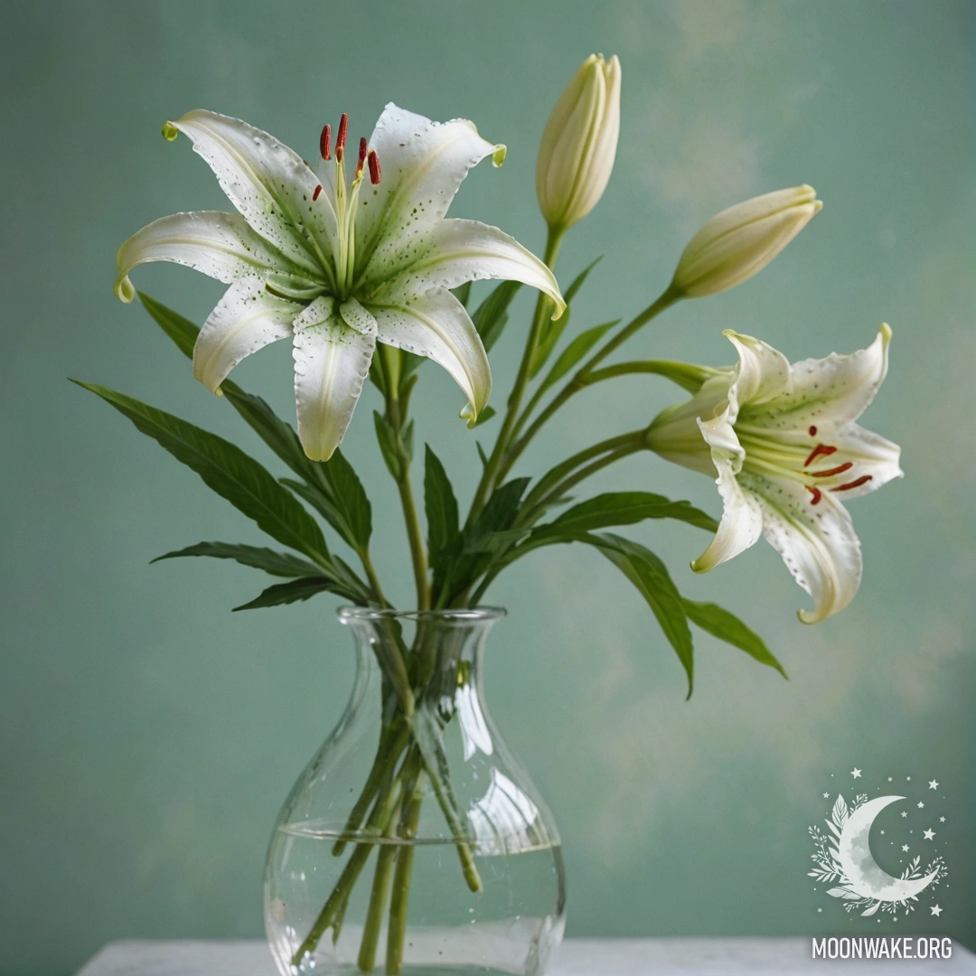 Спокойная лилия элегантно размещена в вазе цвета мяты, украшенной нежной паутиной.