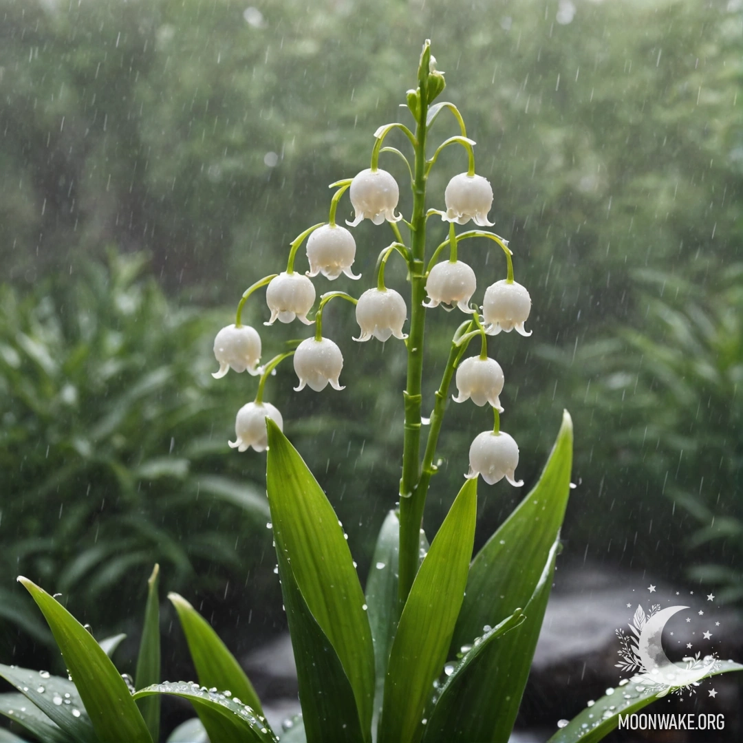 Спокойная сцена с лилией в долине среди тумана и дождя, солнечные лучи пробиваются сквозь облака.