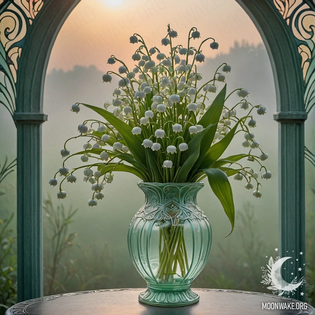 Мятная ваза с спокойными лилиями в тумане на фоне заката.