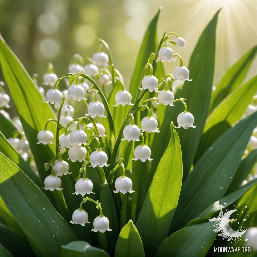 Спокойное изображение цветов лилии долины на оливковом фоне, освещенное мягким солнечным светом.