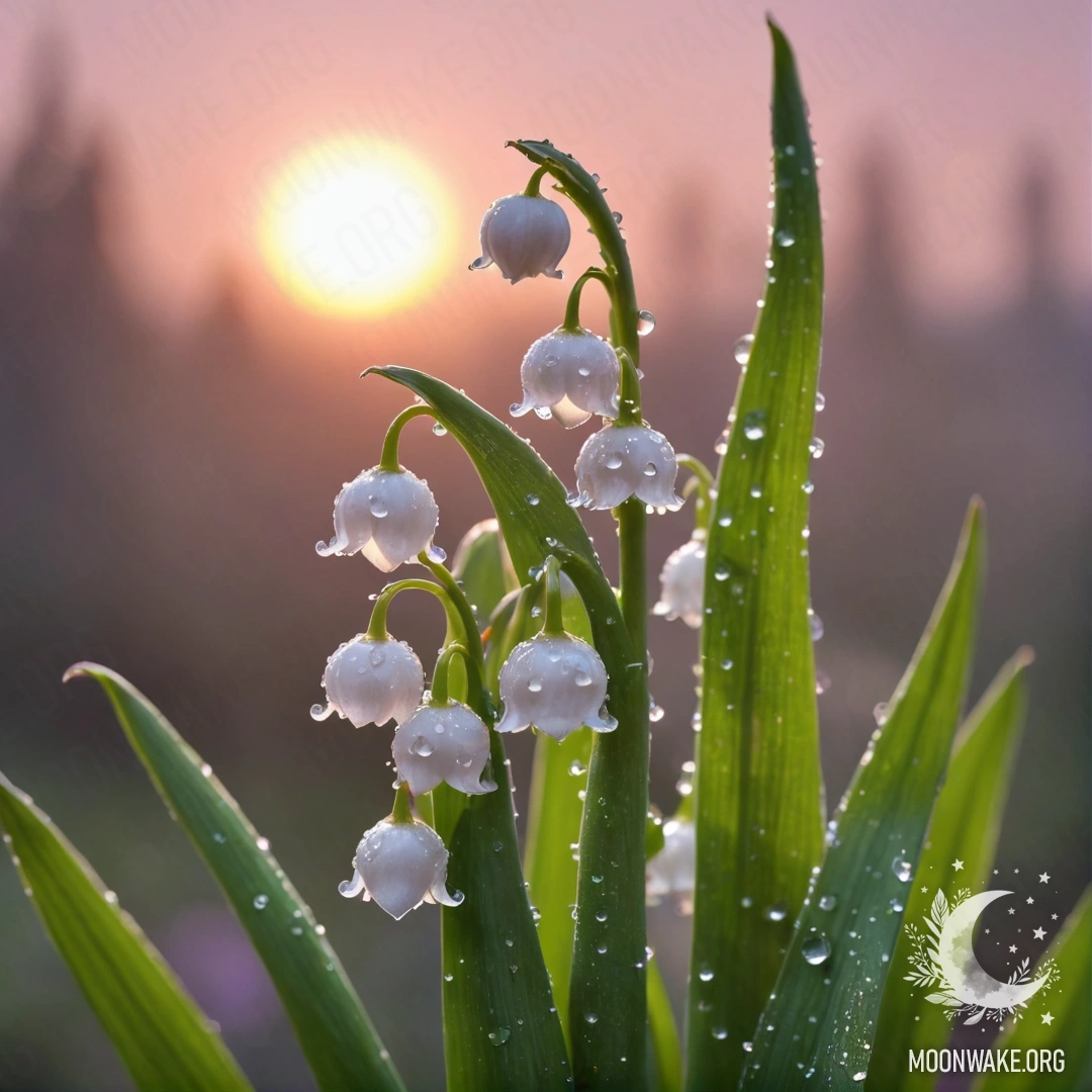 Фотография нежных цветов лилии долины, покрытых каплями росы на фоне заката, сверкающих розовыми оттенками.