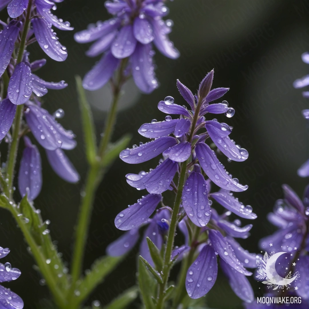 Спокойная сцена с цветами лобелии, покрытыми росой под ночным небом.