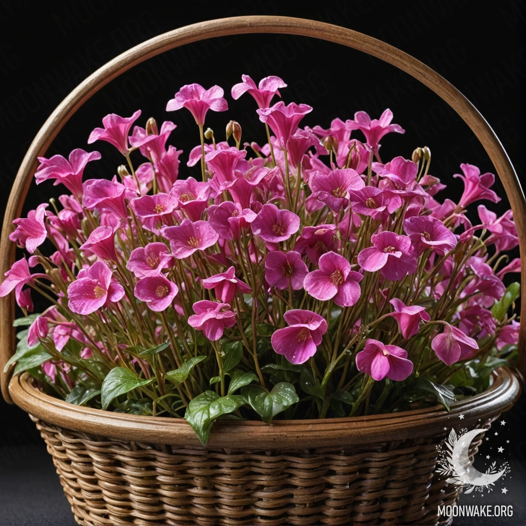 Корзина, наполненная лобелией цвета крема и желтого, в туманном окружении.