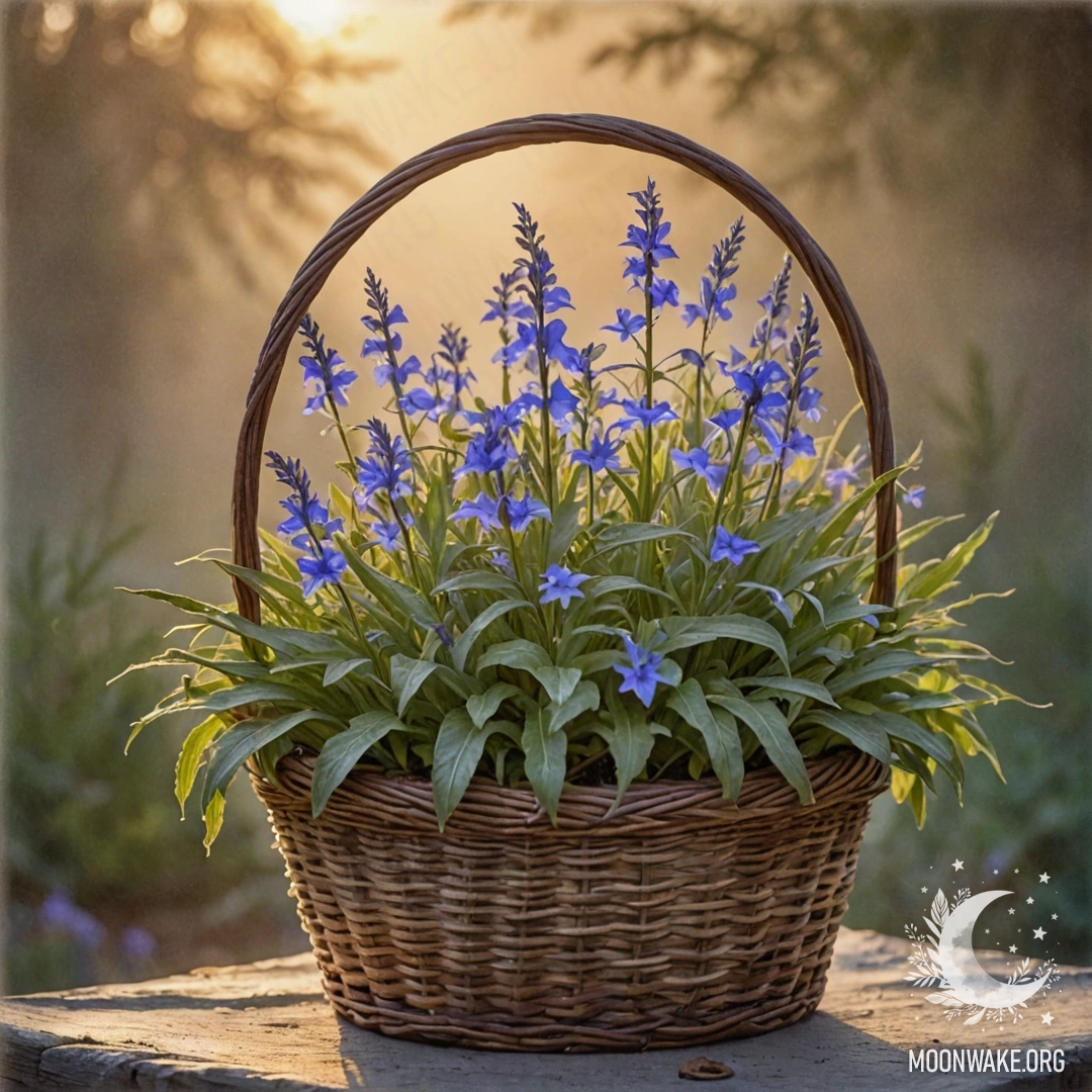 Спокойное изображение цветов лобелии в корзине, окутанных туманом на закате, с мягкими оливковыми оттенками, характерными для акварельной живописи.