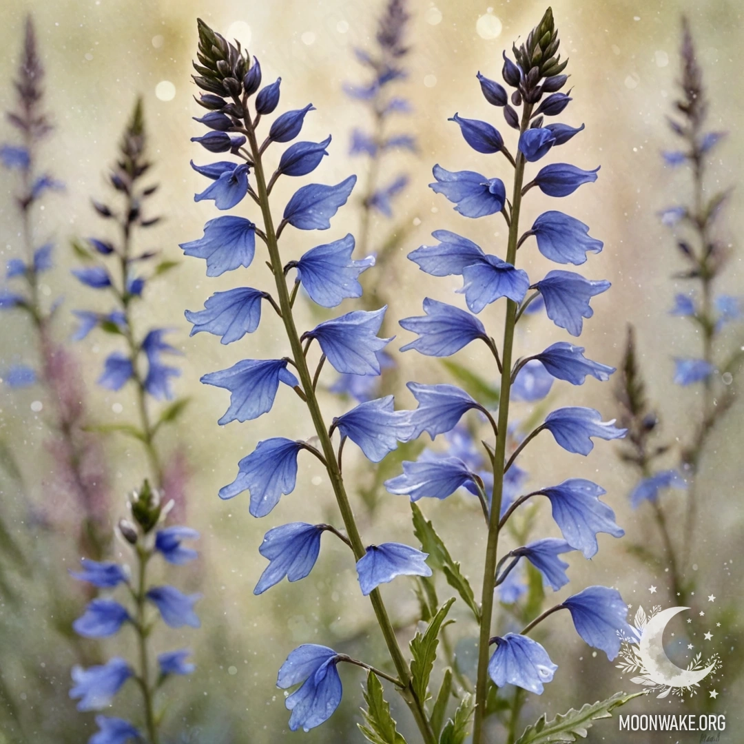 Акварельная картина с изображением спокойной лобелии, украшенной пайетками.