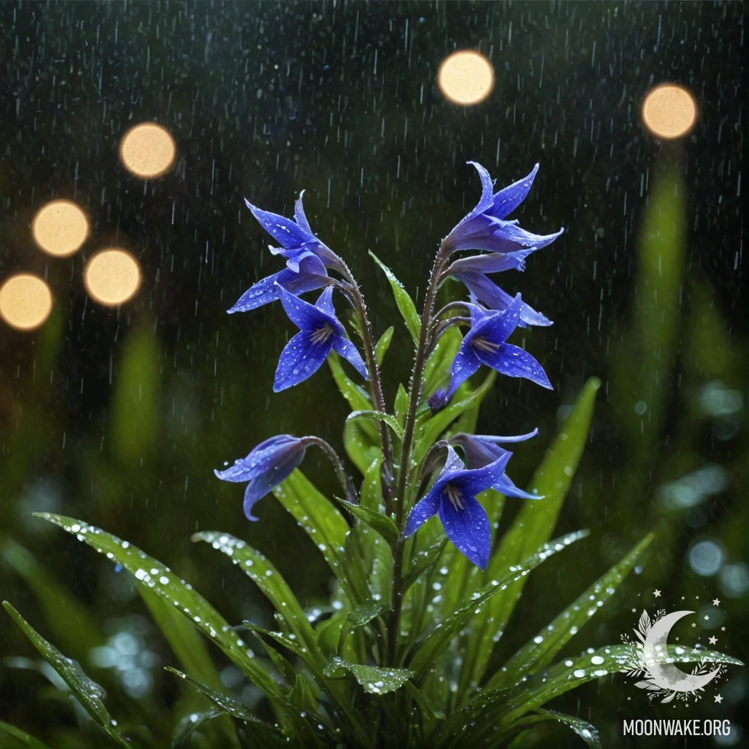 Крупный план спокойных цветов лобелии лимонного цвета, сверкающих под дождем ночью.