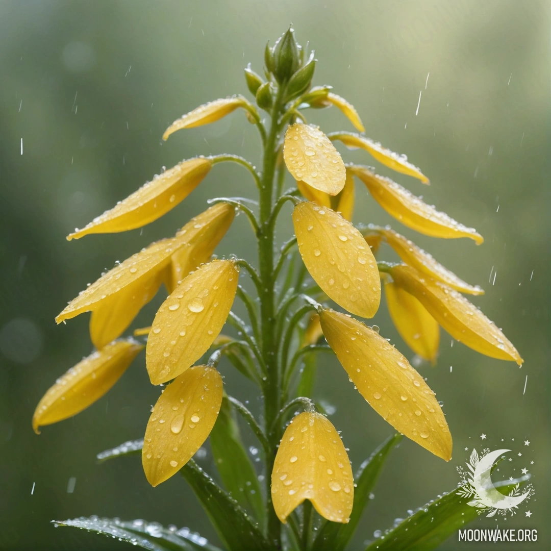 Спокойный цветок лобелии кремового желтого цвета, сверкающий под дождем.