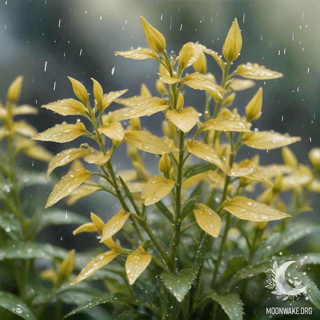 Спокойный цветок лобелии кремово-желтого цвета, сверкающий каплями дождя и блестками.