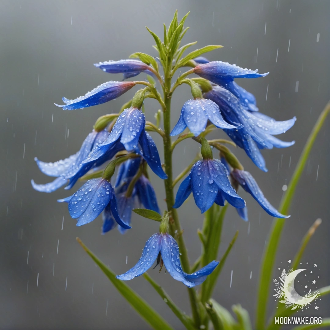 Спокойный синий цветок лобелии, окутанный дождевыми узорами.