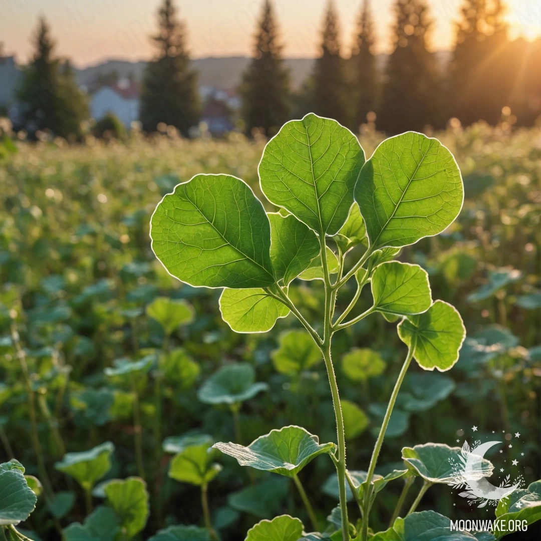 Спокойная сцена с зелёной лунарией на фоне заката.