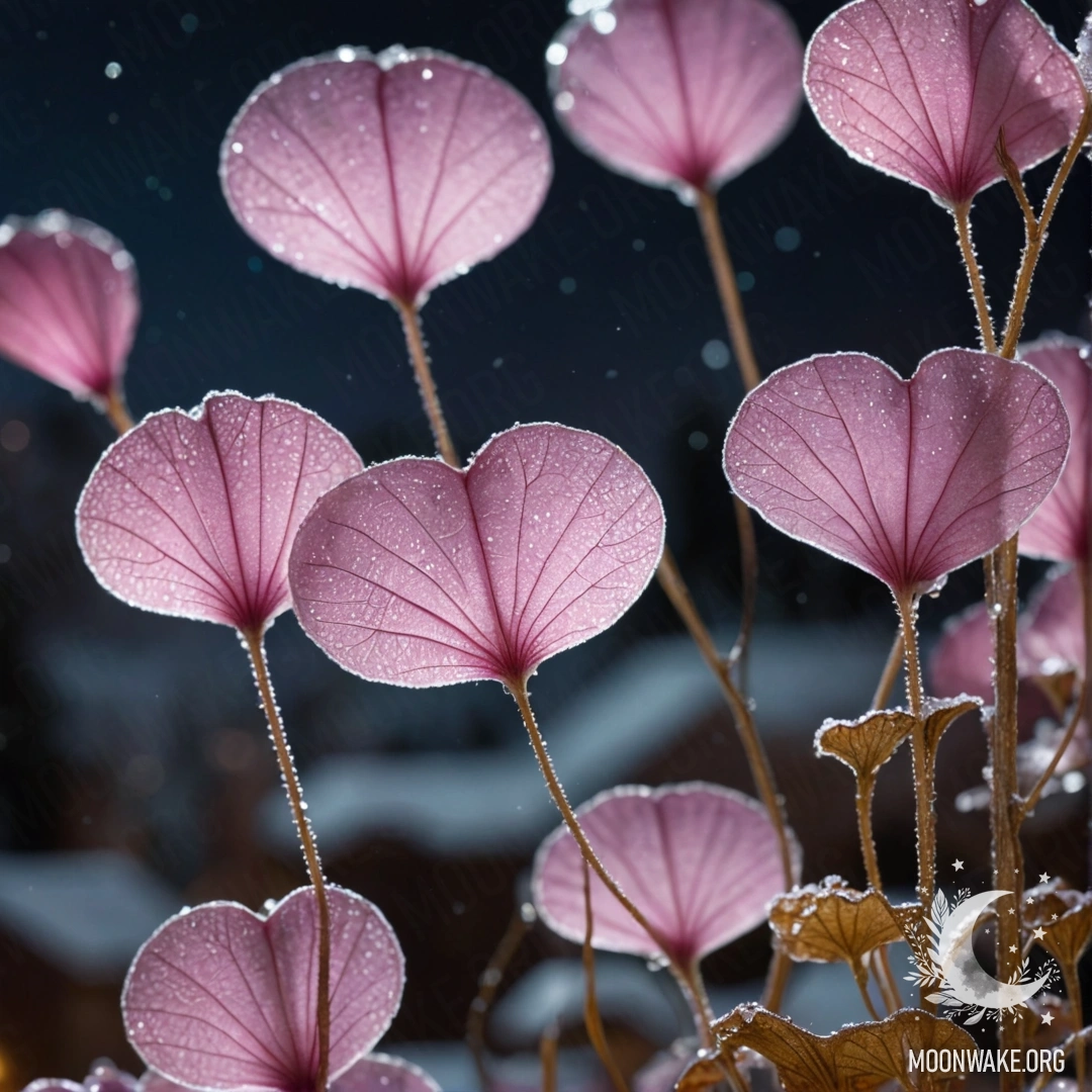 Цветы лунарии, покрытые морозом, сверкают ночью с розовыми блестками.