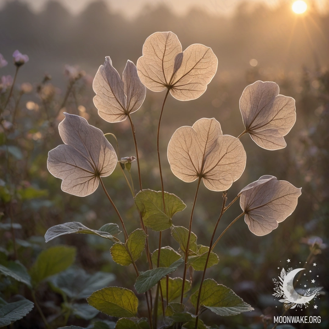 Букет лунарии кофеевого цвета, окруженный туманом на закате.