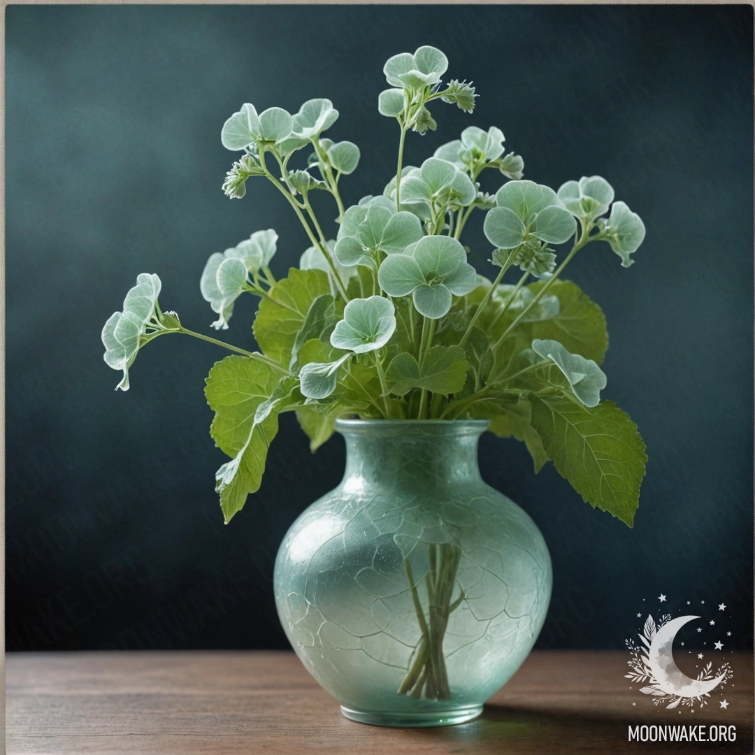 Ваза с лунарией нежно-мятного цвета, окруженная ночным туманом.