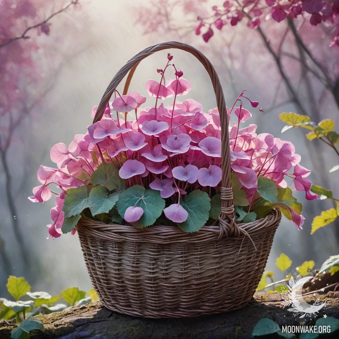 Нежная акварельная картина с фуксиевыми лунариями в корзине, окутанных туманом, с солнечными лучами, пробивающимися сквозь облака.