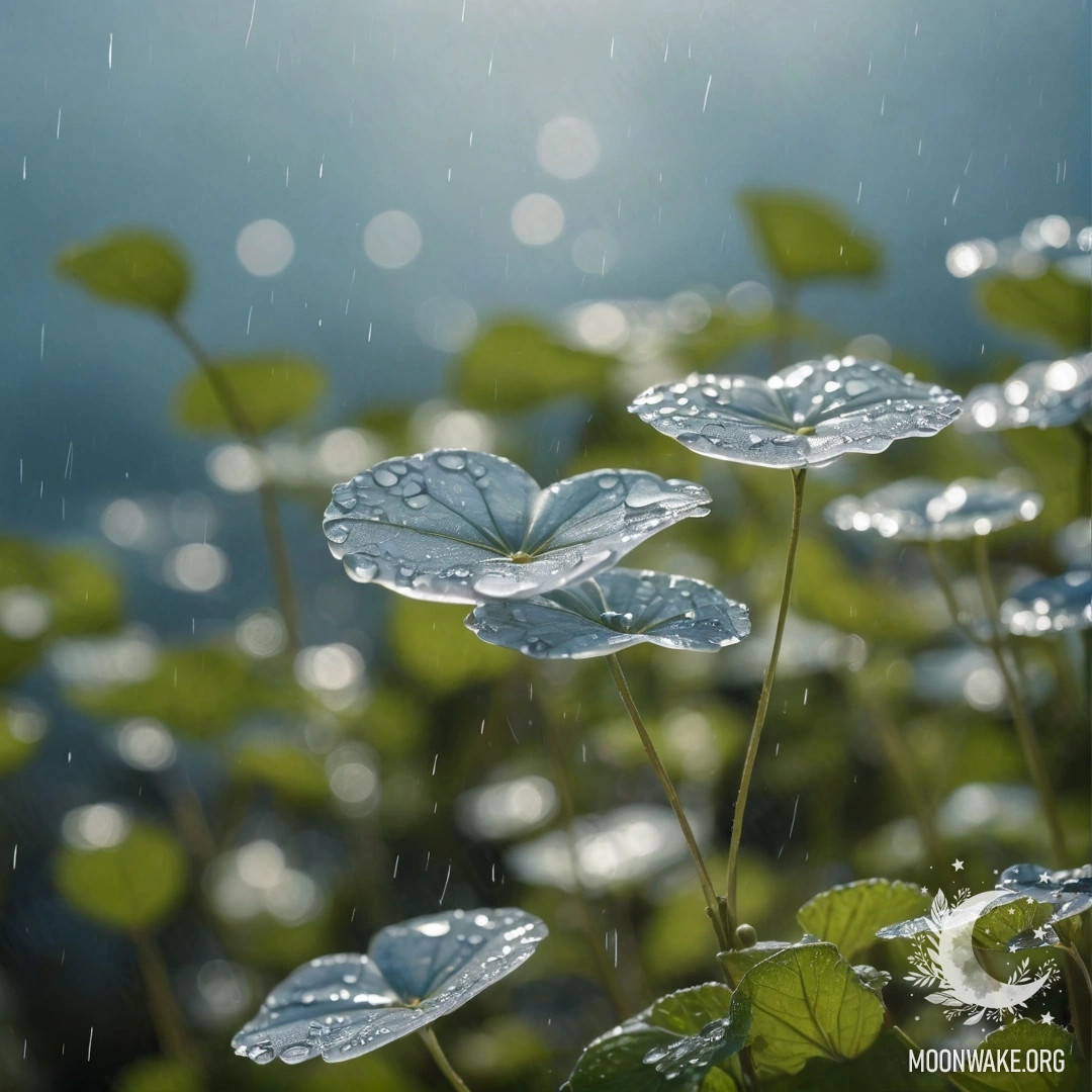 Спокойное растение лунария тихо покачивается под дождём на фоне солнечных оттенков, напоминающих цвет морских волн.