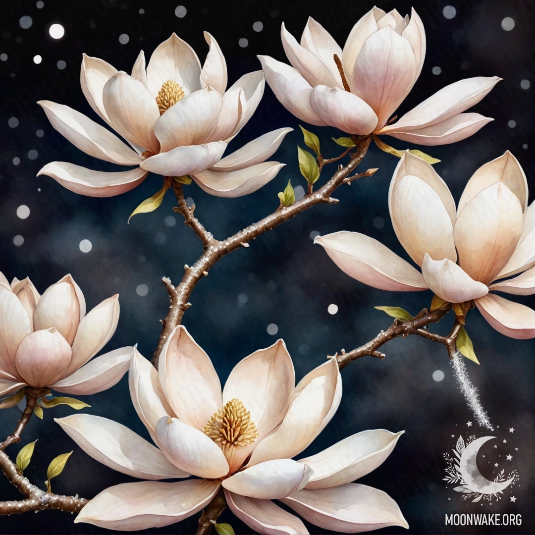 Спокойное дерево магнолии под звёздным ночным небом, исполненное мягких кофеевых оттенков с блёстками.