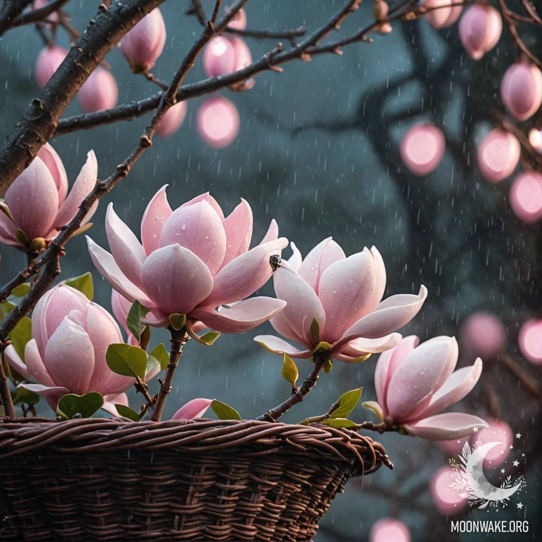 Розовый цветок магнолии в корзине, под каплями дождя ночью, окруженный туманом.