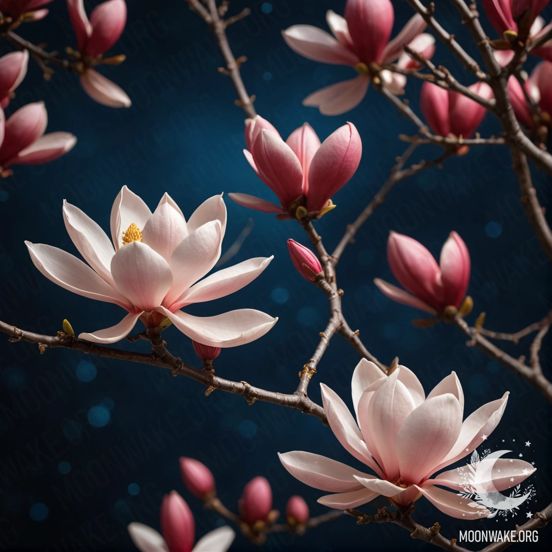 Спокойная ночная сцена с магнолиями в ярких красных узорах.