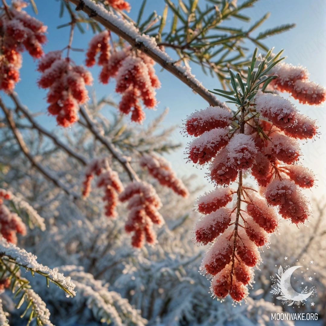 Спокойная красная мимоза, покрытая инеем, освещенная солнечными лучами.