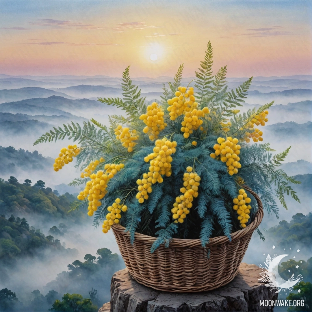 Нежная мимоза, уютно устроившаяся в корзине, окружена туманом на закате.