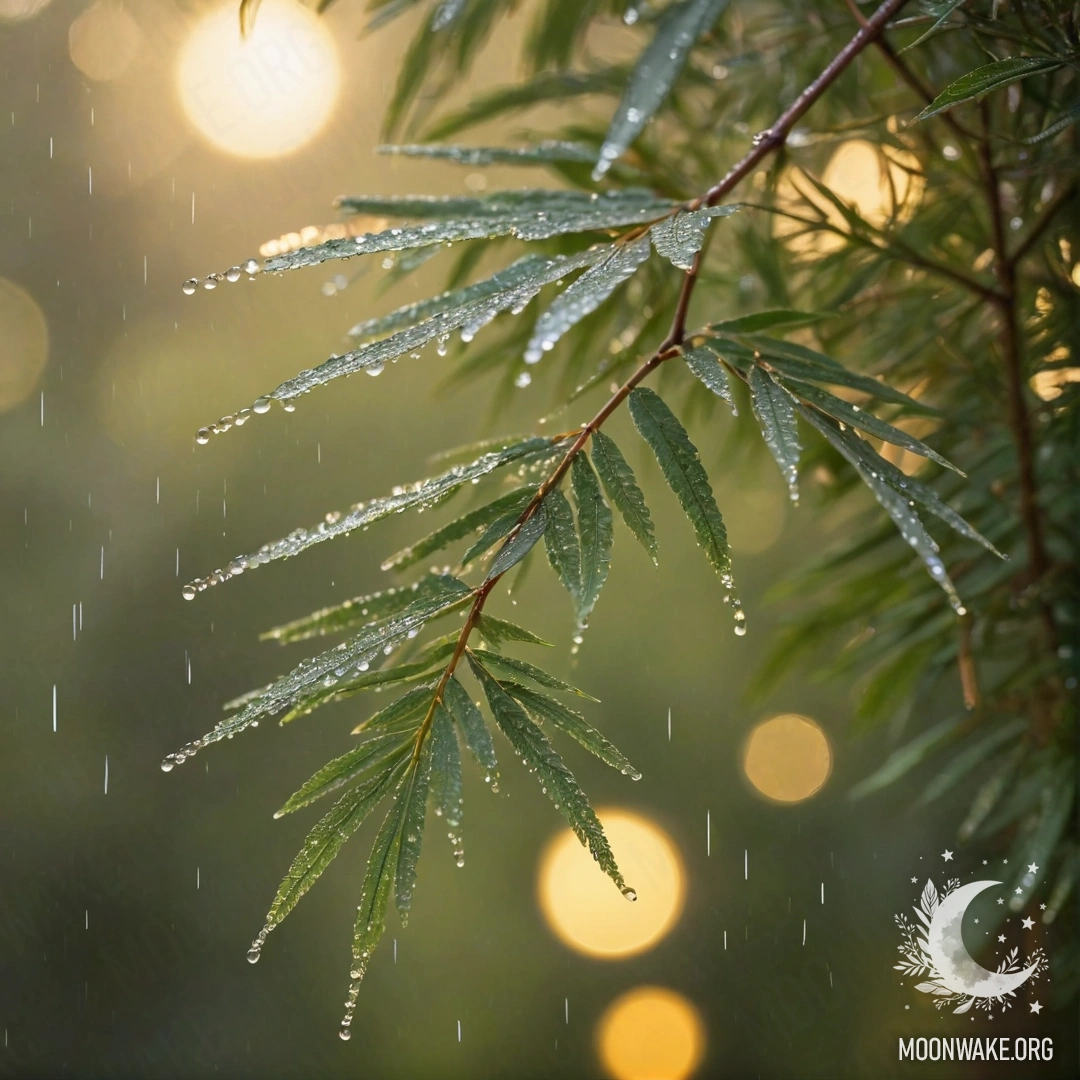 Спокойное дерево мимозы под дождем на закате, окрашенное в шалфейный цвет.