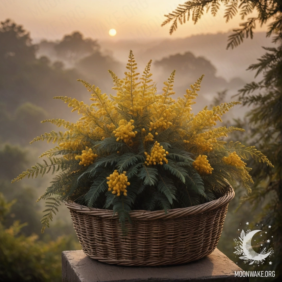 Корзина, наполненная коричневыми мимозами в тумане на закате.