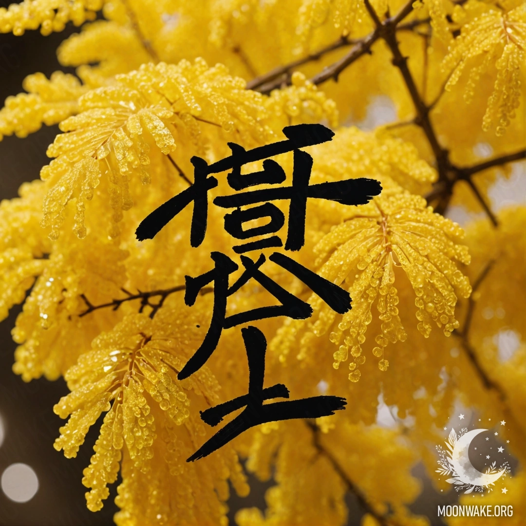 Спокойная желтая мимоза, украшенная сверкающими пайетками и японской каллиграфией.