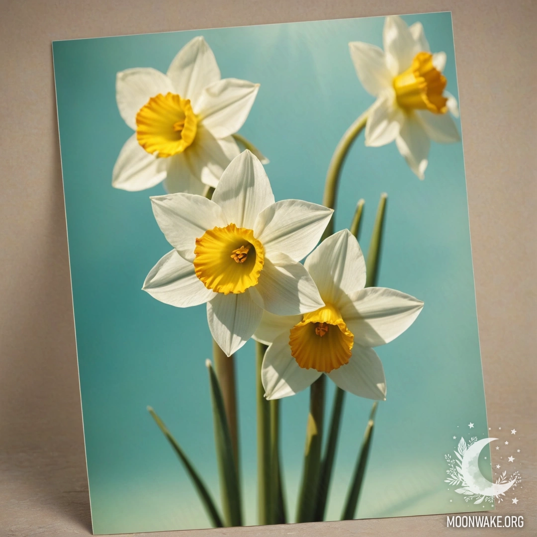 Спокойный цветок нарцисса, освещенный солнечными лучами, в аквамариновых тонах.