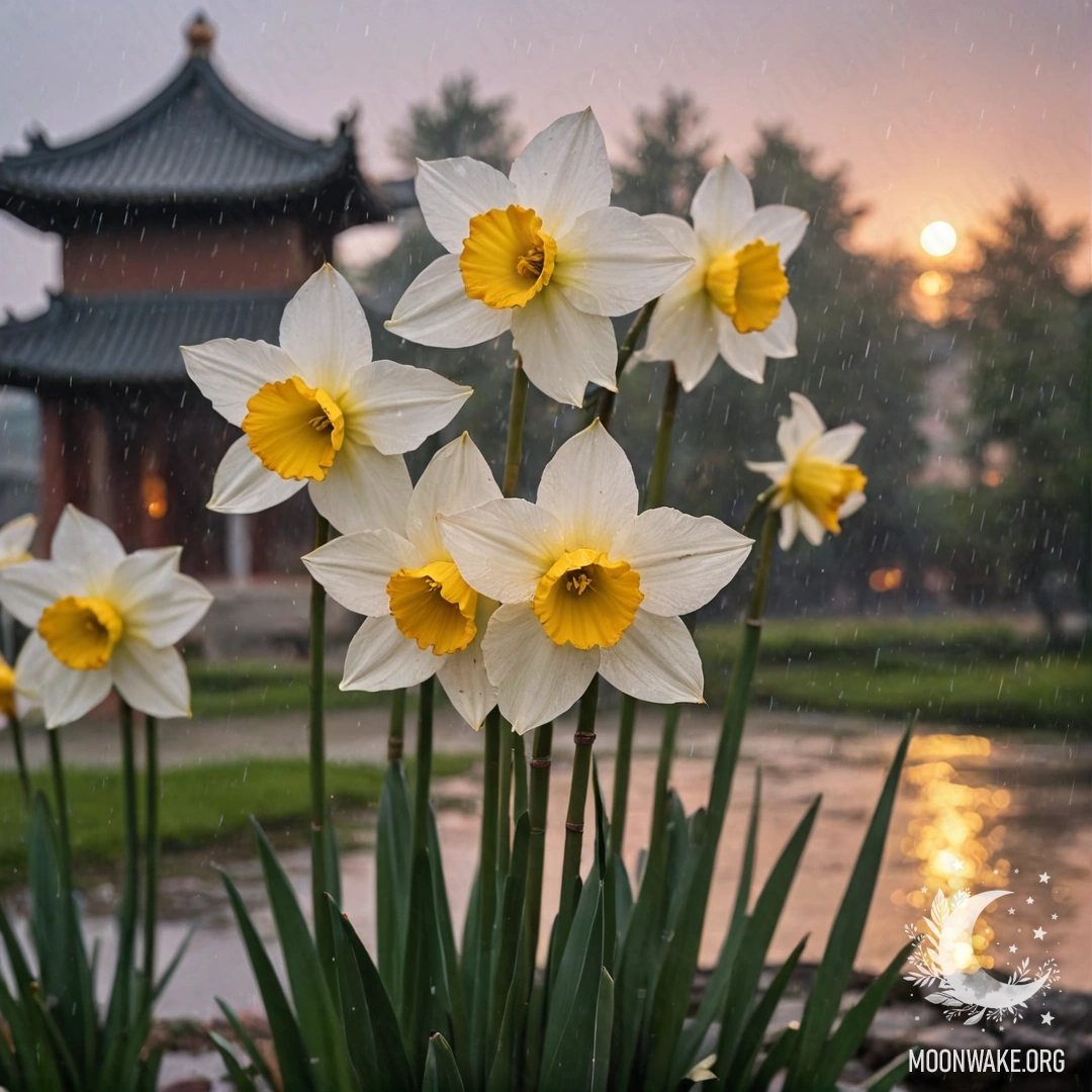 Спокойный цветок нарцисса, окутанный дождём, на фоне заката.