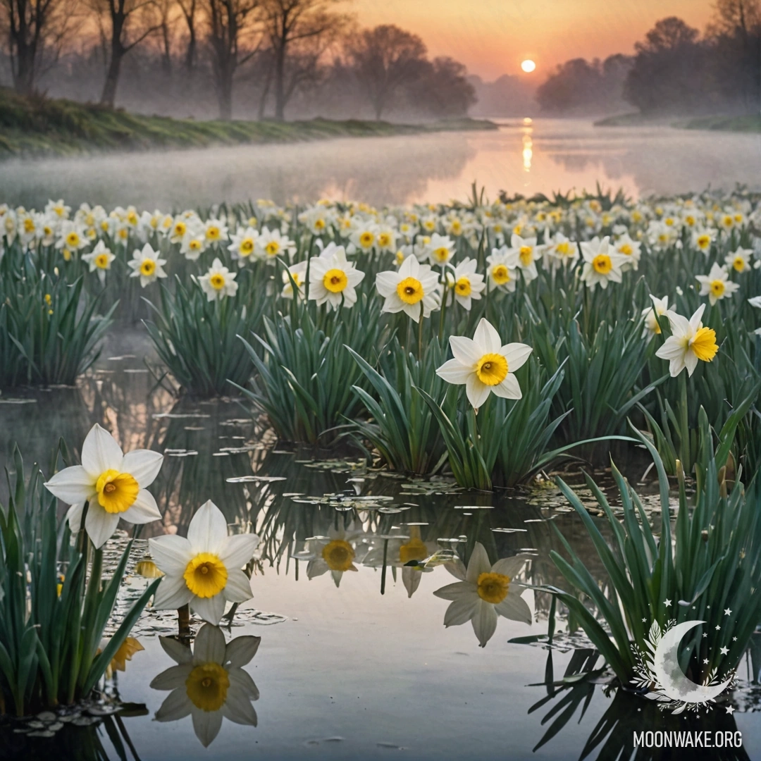 Спокойный цветок нарцисса, окруженный туманом на закате, с зелеными узорами.