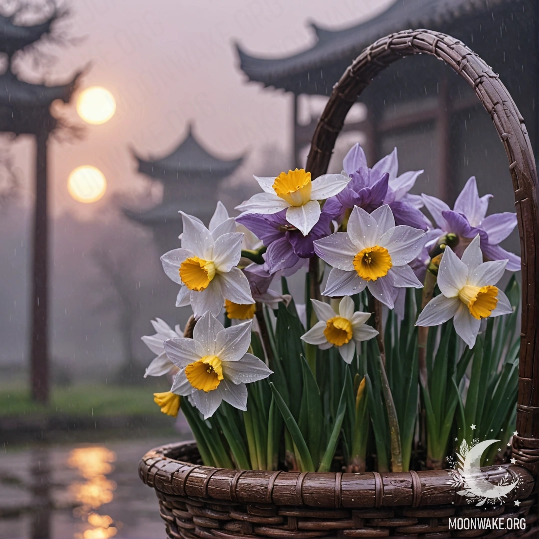 Фиолетовый цветок нарцисса в корзине, окруженный туманом и дождем на закате.