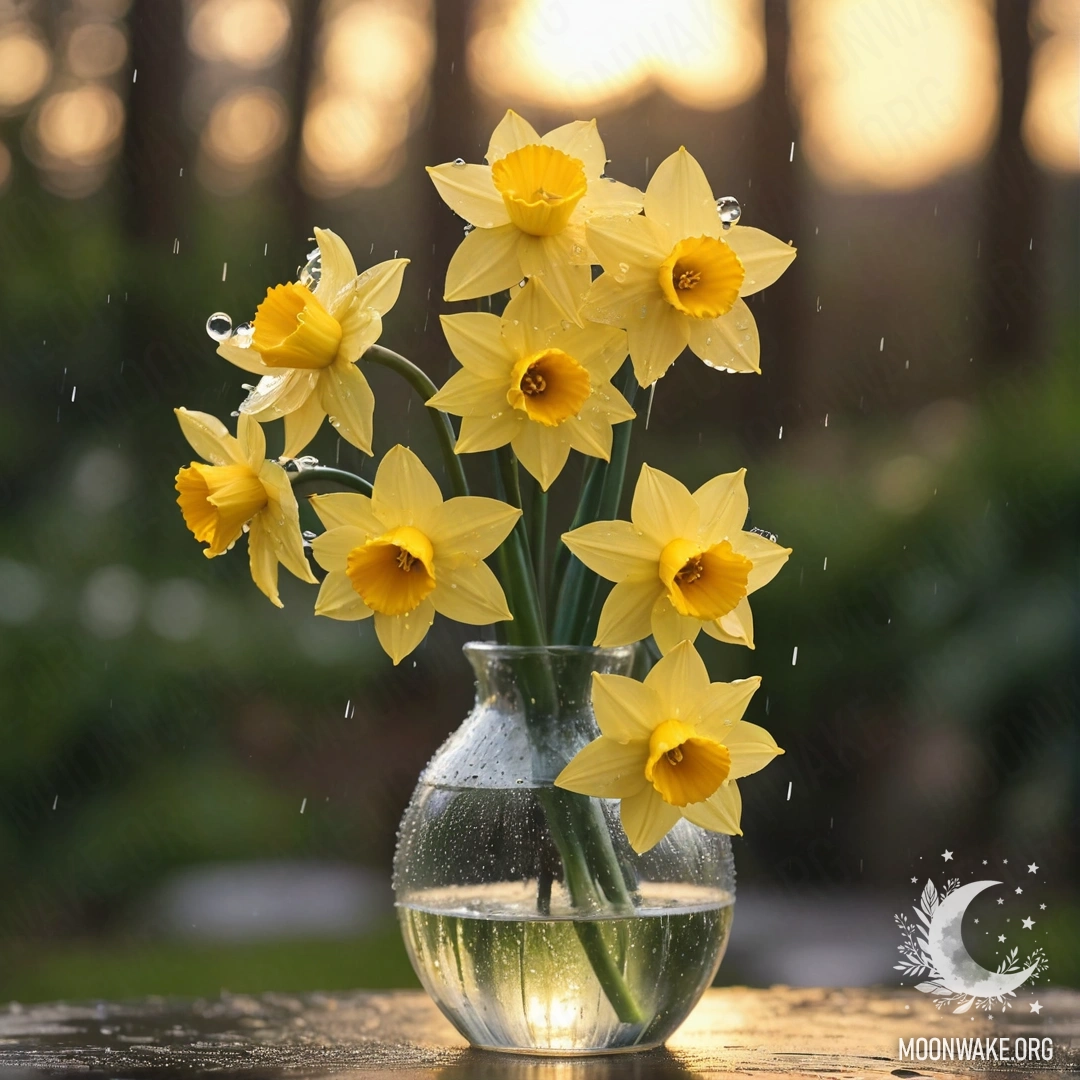Желтый нарцисс в вазе, нежно освещенный дождем на закате.