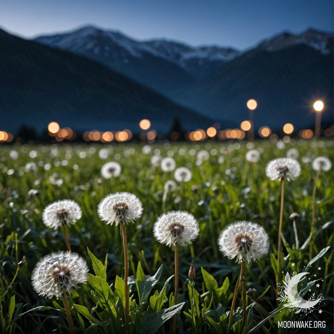 Крупный план одуванчиков на спокойном поле, с размытими горами на фоне под ночным небом.