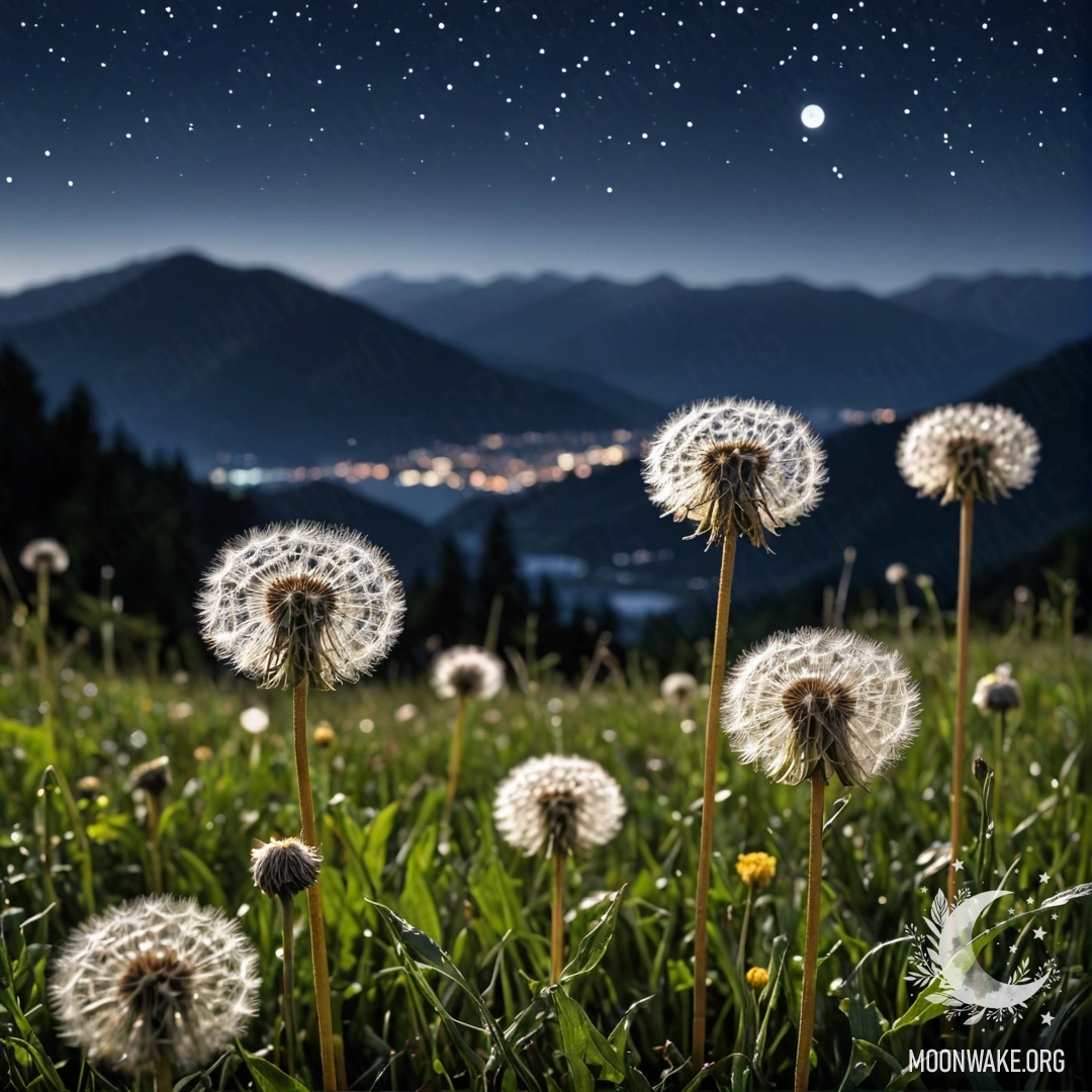 Крупный план одуванчиков на тихом поле с размытым фоном гор ночью.