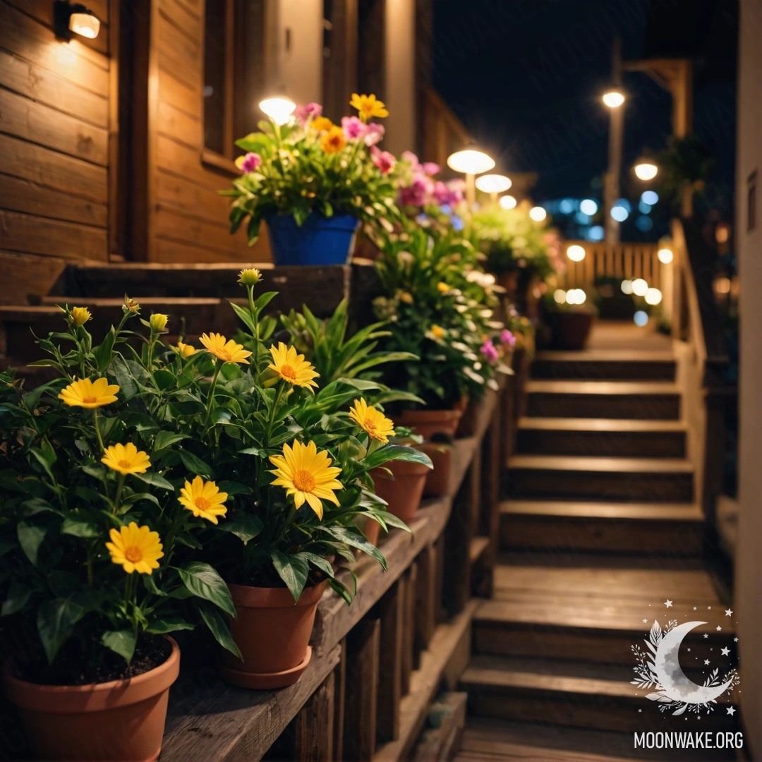 Деревянная лестница с цветочными горшками ночью.