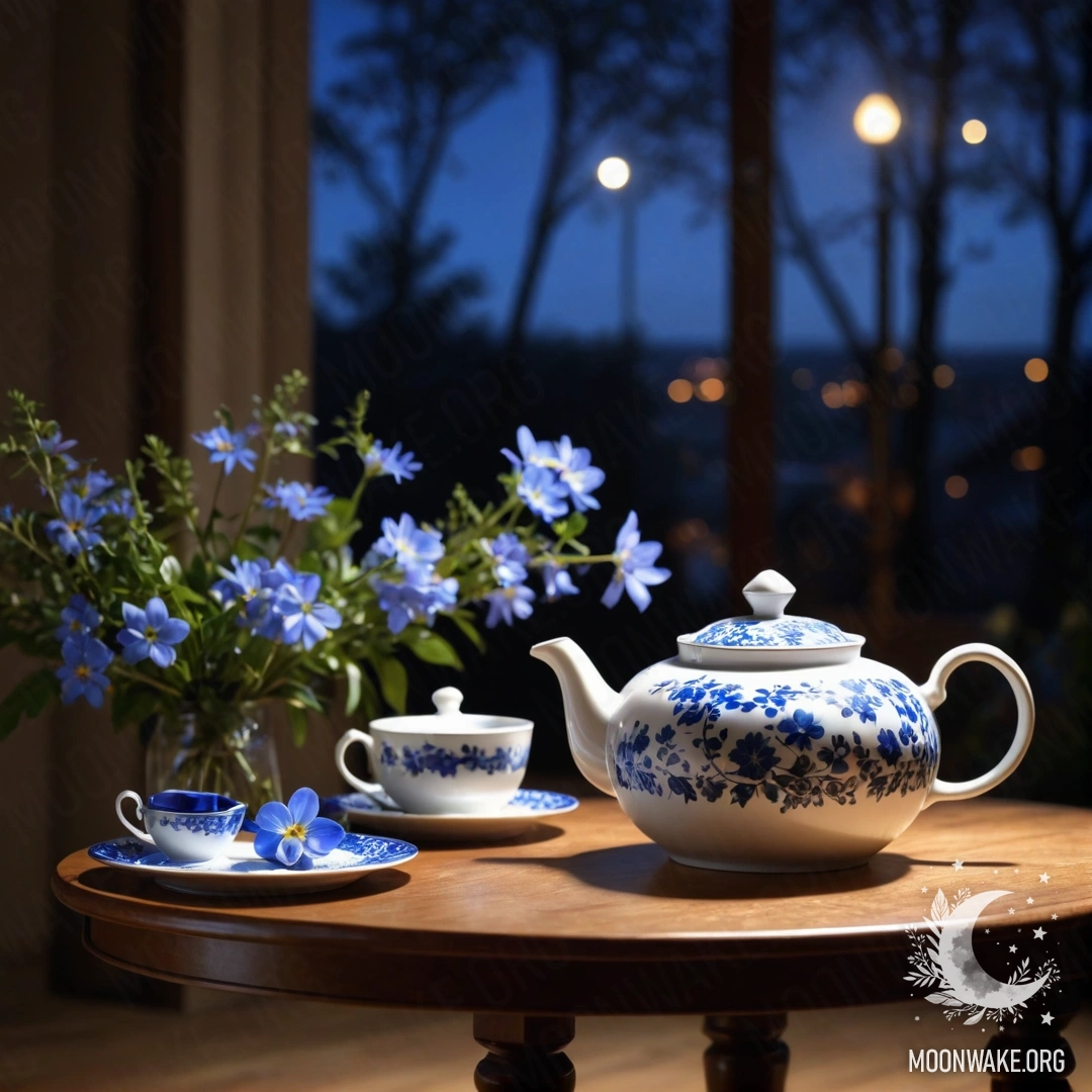 Круглый деревянный стол ночью с фарфоровым чайником и голубыми цветами внутри.