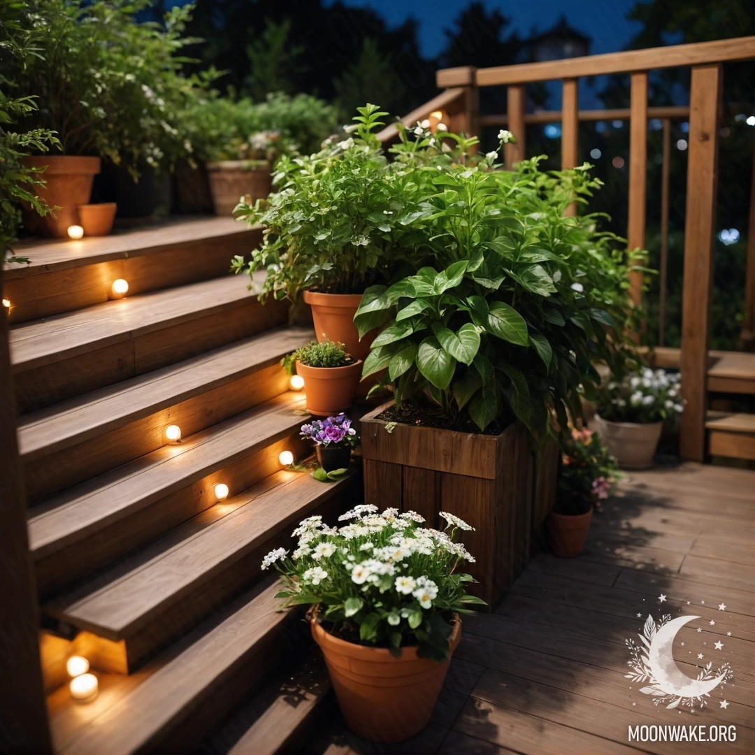 Деревянная лестница ночью, украшенная цветочными горшками, создающая спокойную атмосферу.