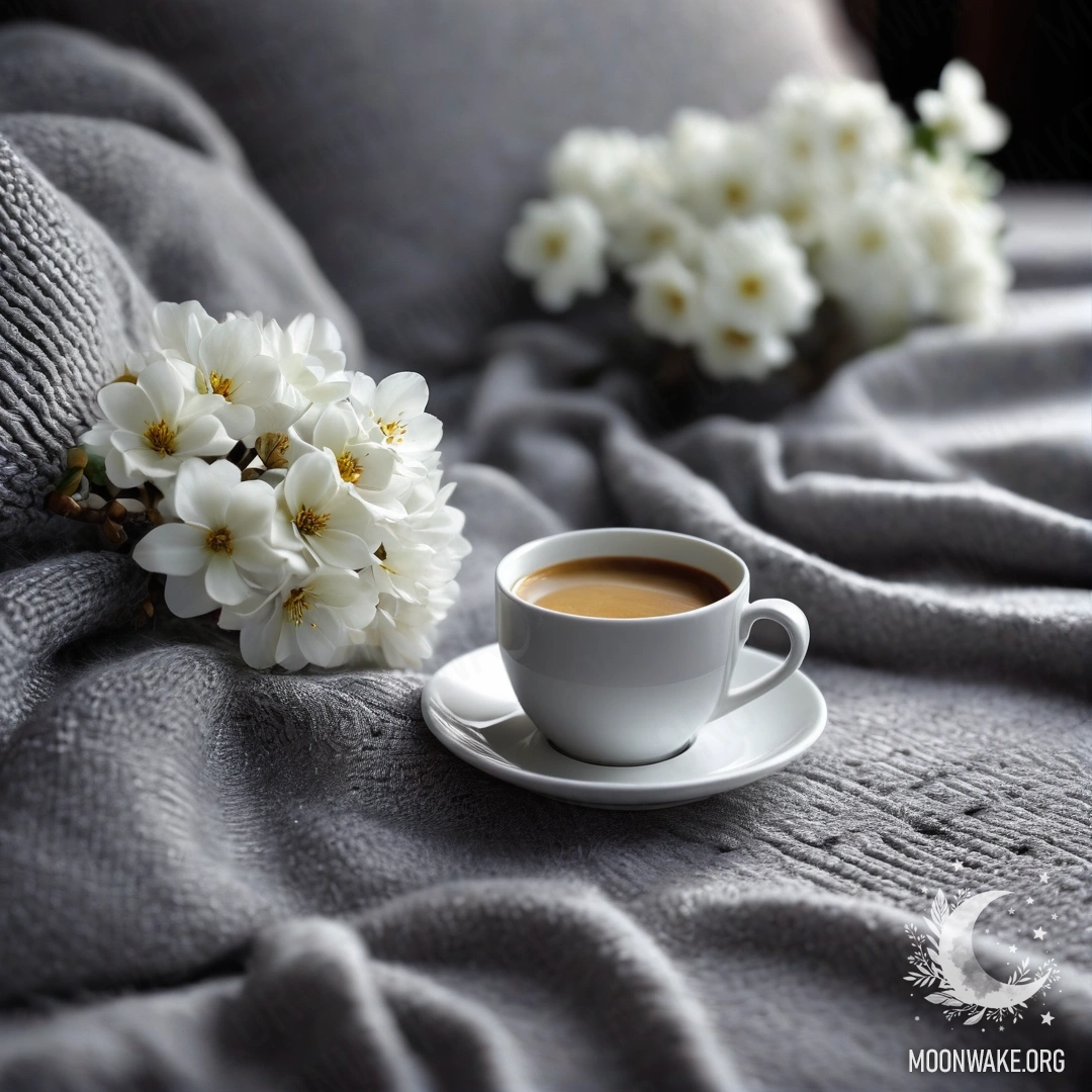 Крупный план спокойного белого кресла с серым пледом, книгой, веткой с белыми цветами и белой чашкой кофе в ночное время.