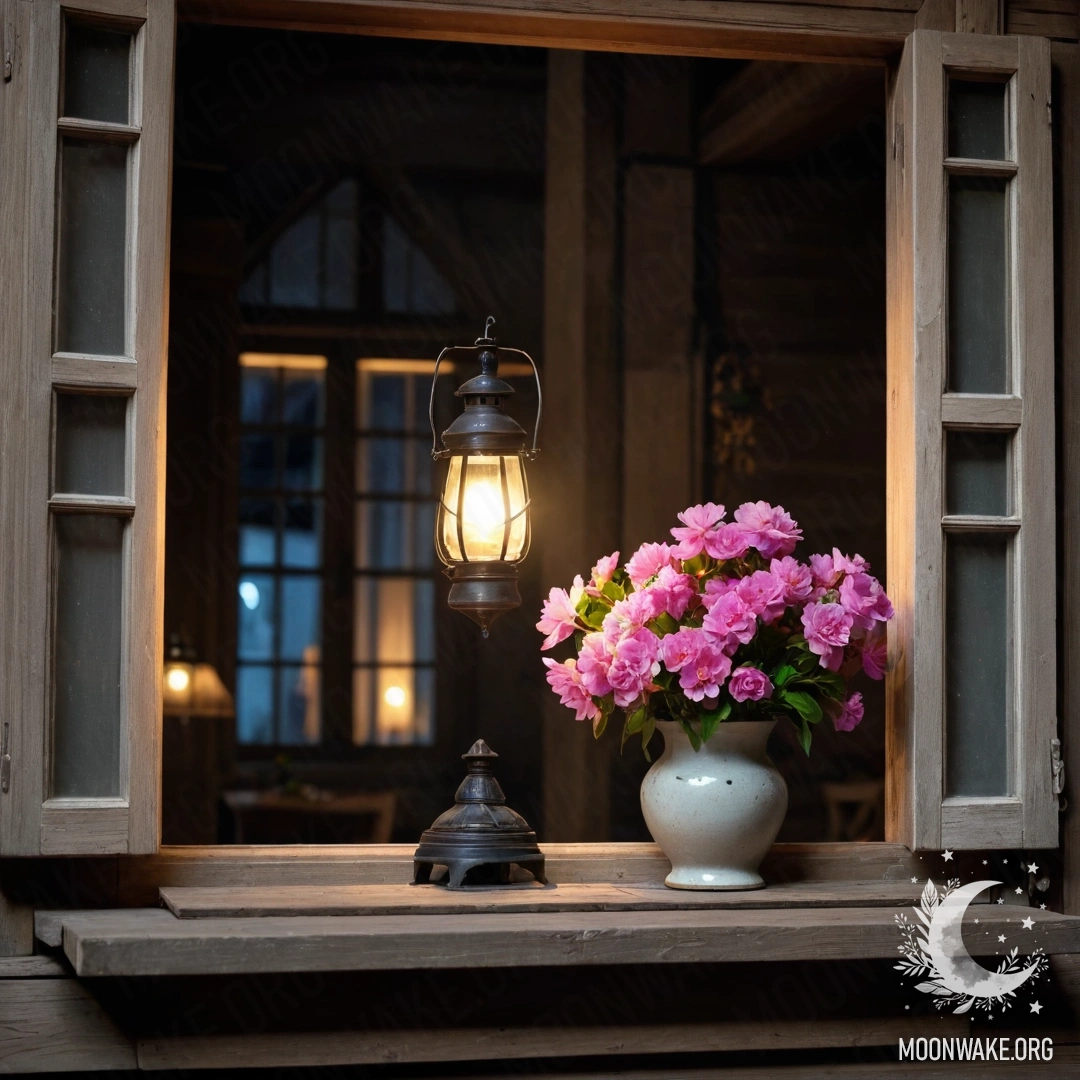Потрёпанное деревянное окно с ставнями, керосиновая лампа над ним и розовые цветы, обвивающие окно в ночное время.
